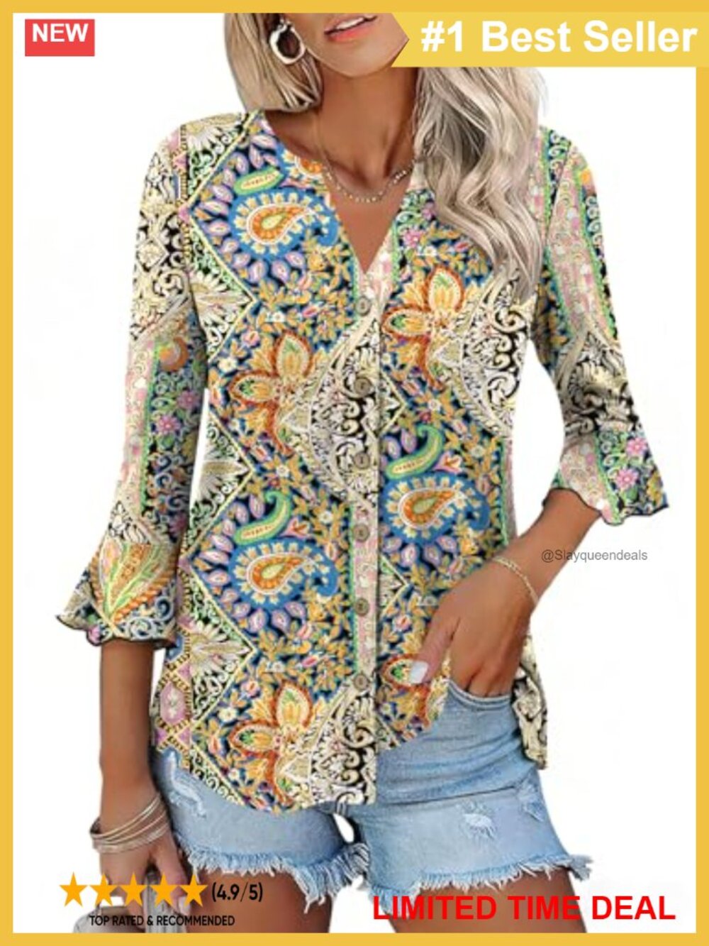 Women's Button Down Tunic Top V-Neck 3/4 Bell Sleeve Blouse